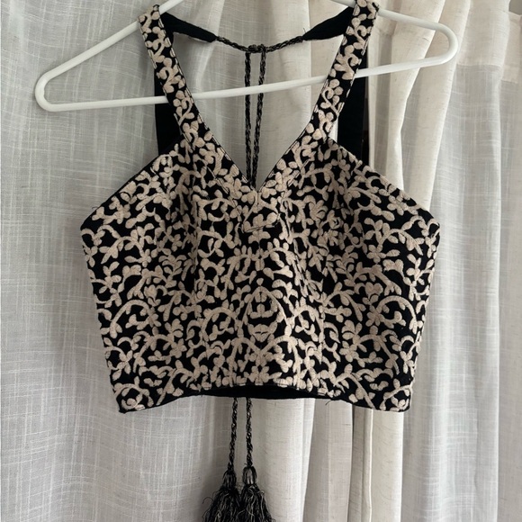 Anthropologie Black and Cream Embroidered Crop Top - Picture 1 of 8